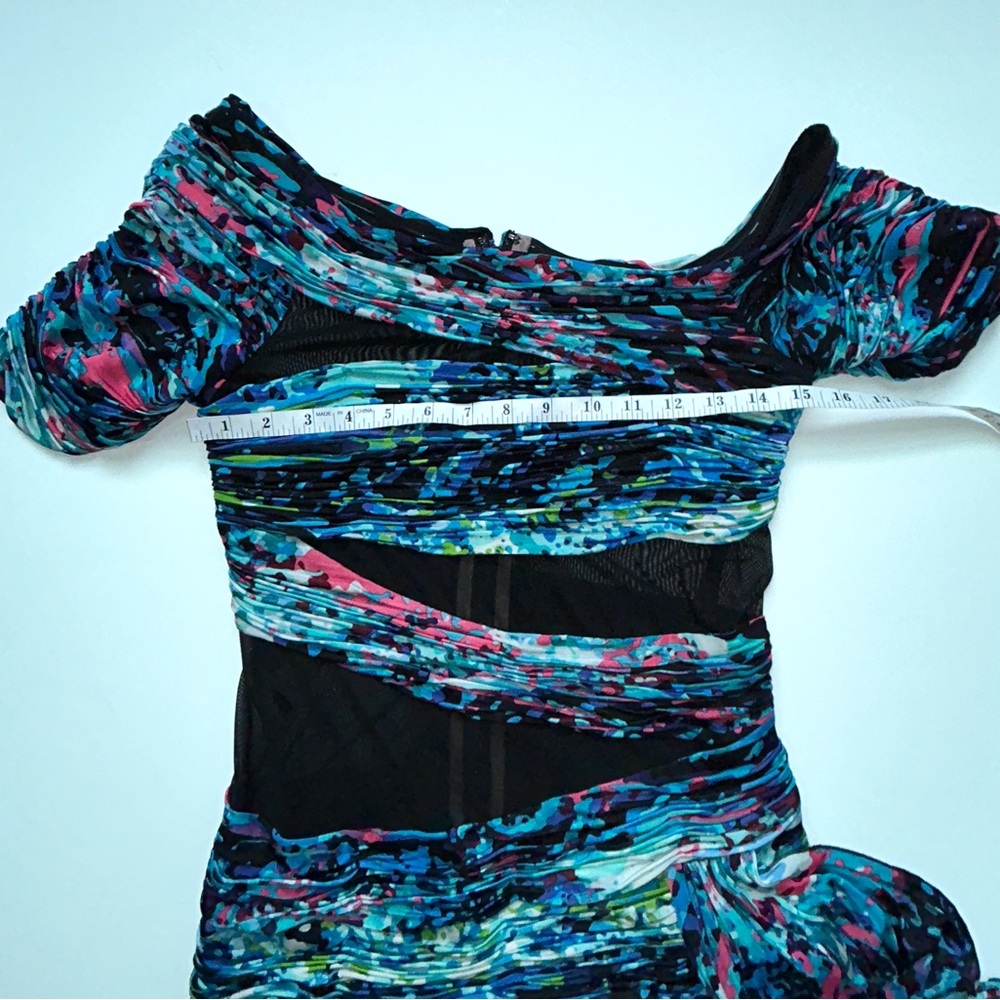 BCBG MaxAzria Runway Dutch Blue Print Jersey‎ Mesh Cap Sleeve Bodycon Dress M - Picture 15 of 16